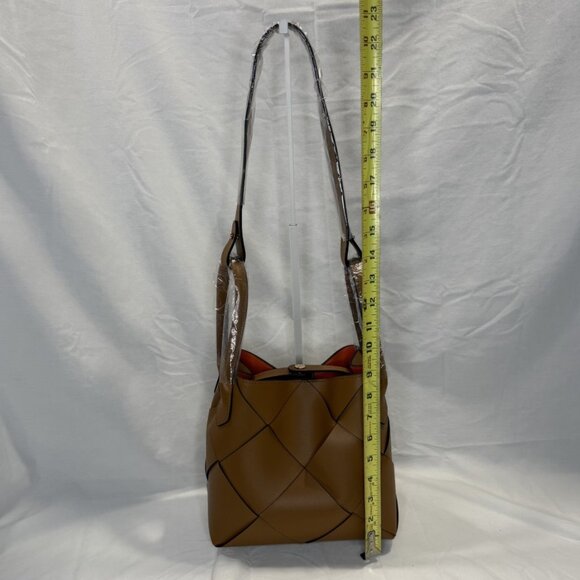 Caramel Woven Leather Bucket Bag, Loop Handles, Removable Shoulder Strap, NWOT - Picture 14 of 16